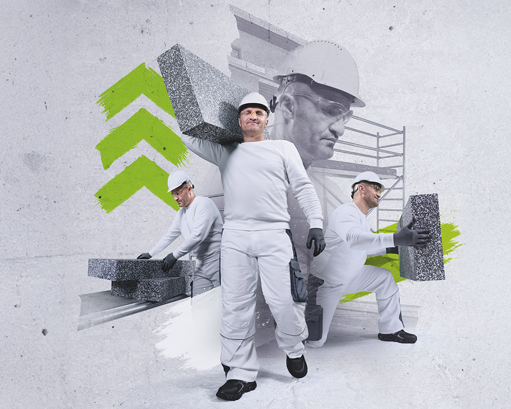 3 grüne Pfeile und Collage eines Arbeiters in weißer Kleidung und Helm
