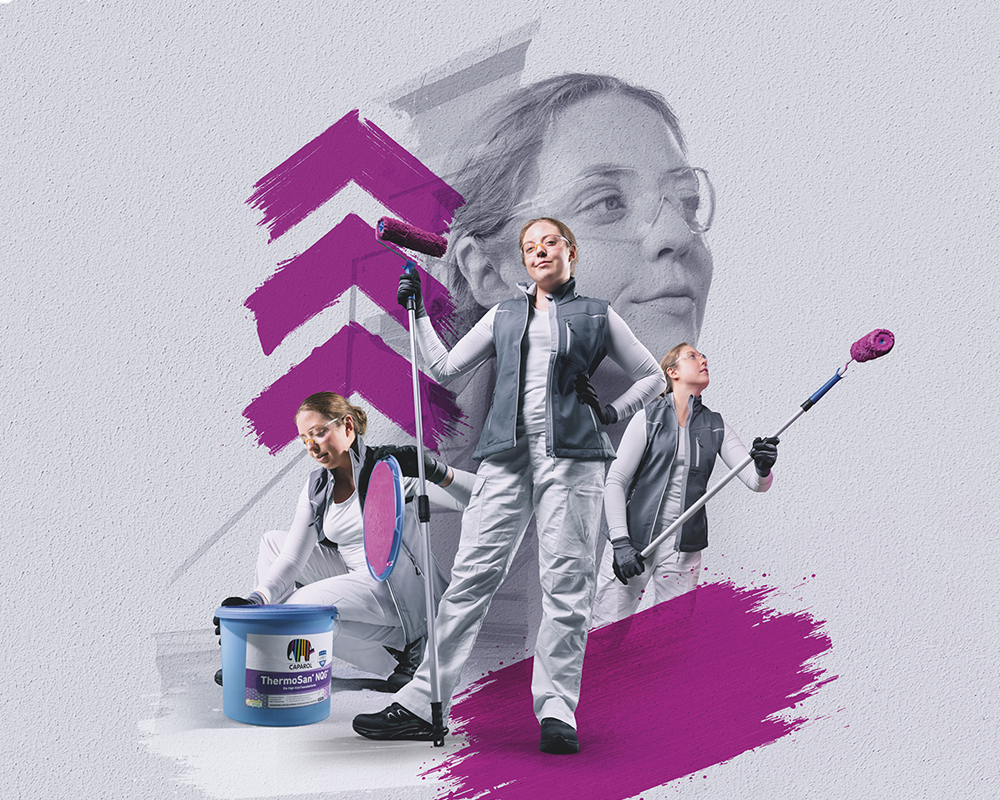 3 pinke Pfeile und Collage einer Malerin in weißer Kleidung und grauer Weste