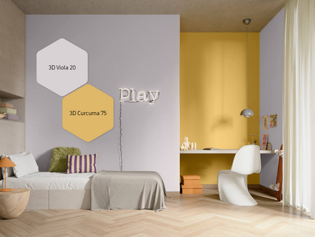 Kinderzimmer mit Leuchtschild, Bett und Schreibtisch in den Farbtönen 3D Viola 20 und 3D Curcuma 75 gestaltet.