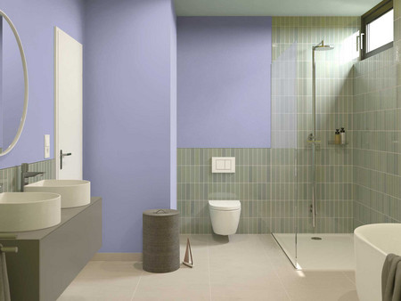 Modernes Badezimmer im fliederfarbenen Stil mit blaugrünen Fliesen, Doppelwaschbecken, Glasdusche und Wandtoilette