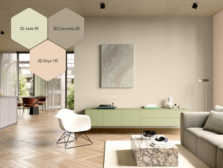 Wohnungs-Interior in den Farbtönen 3D Jade 85, 3D Curcuma 20 und 3D Onyx 115 gestaltet.