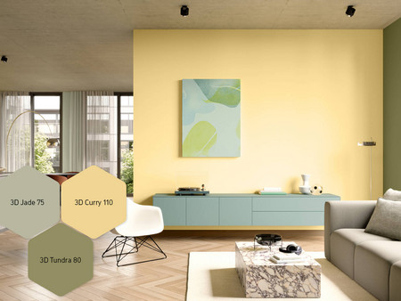 Leuchtendes Wohn- und Esszimmer Interior in den Farbtönen 3D Jade 75, 3D Curry 110 und 3D Tundra 80 gestaltet.