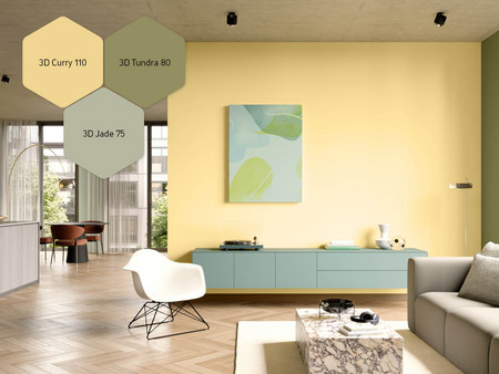 Wohn- und Esszimmer mit Kücheninsel, Sitzecke, Sofabereich, und Fenstern in 3D Jade 75, 3D Curry 110 und 3D Tundra 80 gestaltet.