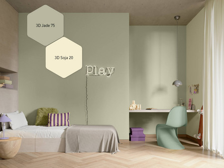 Kinderzimmer mit Schreibtisch, Bett und Terassentür in den Trendfarben 3D Jade 75 und 3D Soja 20 gestaltet.