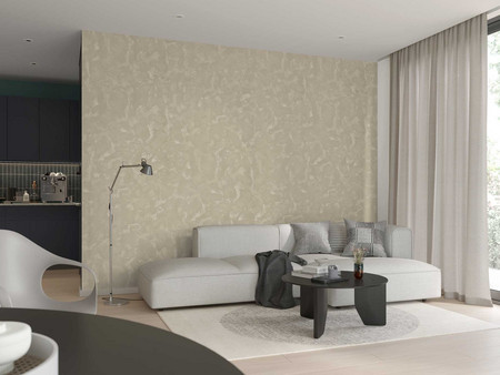 Modernes Wohnzimmer mit Sofagarnitur, rundem Couchtisch, eleganter Stehlampe und champagnerfarbener Wand