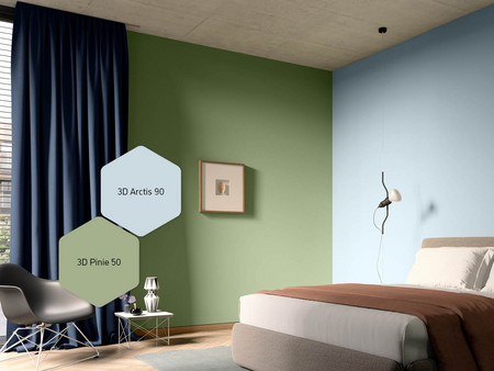 Schlafzimmer mit Wandbild, Bett und Einrichtung in den Trendfarben 3D Arctis 90 und 3D Pinie 50 gestaltet.