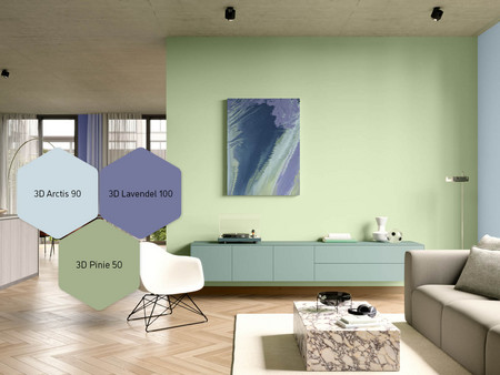 Wohn- und Esszimmer Interior in den Farbtönen 3D Arctis 90, 3D Lavendel 100 und 3D Pinie 50 gestaltet.