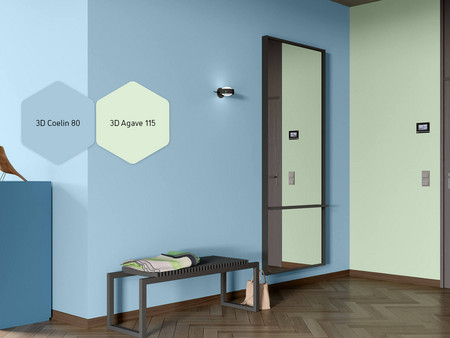 Blau-grüner Eingangsbereich mit Spiegel, Sitzbank und Regal in den Trendfarben 3D Coelin 80 und 3D Agave 115 gestaltet.