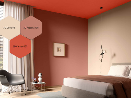 Schlafzimmer mit Wandbild, Bett und Einrichtung in den Trendfarben 3D Onyx 115, 3D Magma 105 und 3D Cameo 155 gestaltet.