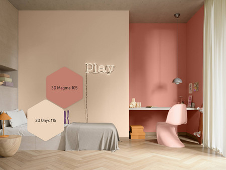 Kinderzimmer mit „Play-Leuchtschild“, Bett und Schreibtisch in den Farbtönen 3D Magma 105 und 3D Onyx 115 gestaltet.
