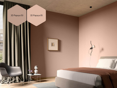 Schlafzimmer mit Wandbild, Bett und Einrichtung in den Trendfarben 3D Papaya 50 und 3D Papaya 85 gestaltet.