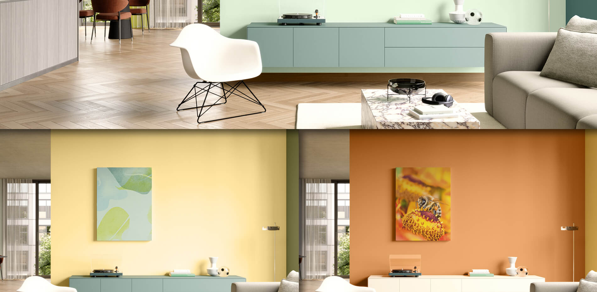 Vergleichscollage verschiedener gemütlicher Innenräume gestaltet in den Trendfarben 2024.